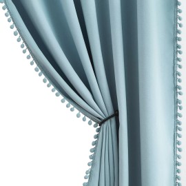 TREATMENTEX Pom-Pom Blue Curtains Living Room 84 inches Energy Efficient Ther...