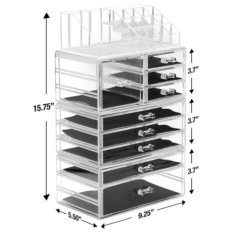 Sorbus Large Clear Makeup Organizer - Detachable 4-Piece Jewelry &