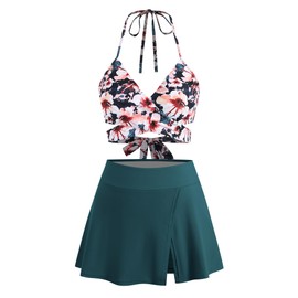 ZAFUL Women Two Piece Swimsuit Modest Tummy Control Bathing Suit Over 50 Modlily Swimwear Push Up V Neck Swim Suits 2024 Floral Lake Green