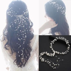 Pearl Layered Bridal Wedding Hair Headband Long Pearls Vine Hair Accessories for Women Elegant Lightweitght Hypoallergenic Faux Pearl Branch Chandelier Dangling Prom Party Anniversary Jewelry Gifts