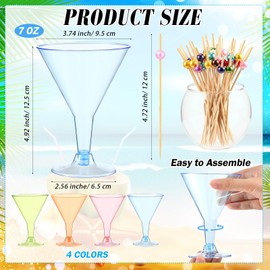 Yungyan 48 Pack 7oz Colored Plastic Martini Glasses with Cocktail Sticks Disposable Margarita Glasses with Stem Wine Dessert Appetizers Parfait Ice Cream Cups for Wedding Summer Pool Party Birthday