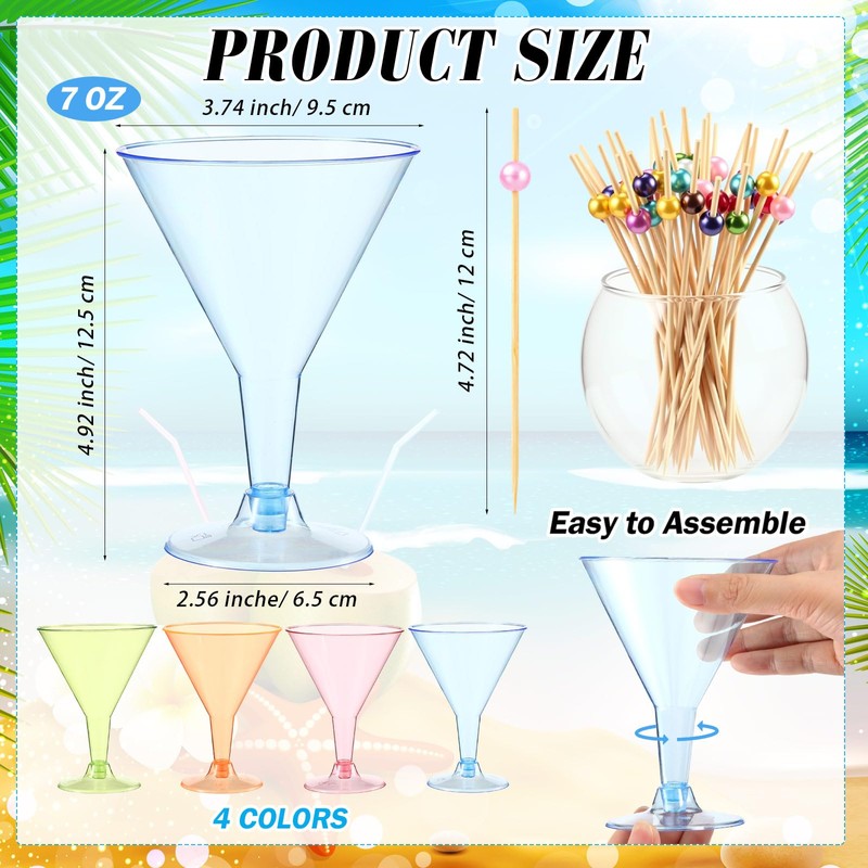 Yungyan 48 Pack 7oz Colored Plastic Martini Glasses with Cocktail