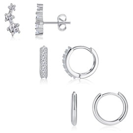 FANCH 3 Pairs of Earrings Silver Set for Women Girls 14K Gold-Plated Small Stud Earrings Silver Set Stackable Cubic Zirconia Hoop Earrings Set for Multiple Piercings Hypoallergenic Cartilage Piercing