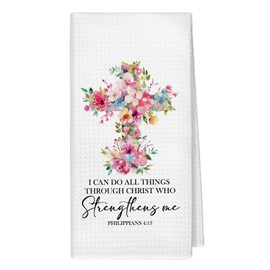 Yjeslw Christian Floral Kitchen Towels, I Can Do All Things Through Christ Bible Verse Flower Hand Dish Towels Decor, Christian Gifts for Women Tea Towel for Kitchen Bathroom Decorative, 16x24 Inch