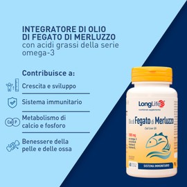 LongLife® Olio di fegato di merluzzo 500 mg | Ricco di omega 3 | Titolato in EPA, DHA, vitamina A e vitamina D3 | Crescita, sviluppo e difese immunitarie | Fino a 1 mese di trattamento | Senza glutine