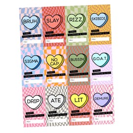 Candy Hearts Slang Words Valentine's Day Cards for School, Gen Alpha Kids, Teens, Tweens, Brain Rot Humor, 2 x 3.5 inches, Set of 24 cards