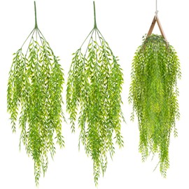 RAINFLOW 2PCS Fake Hanging Plants - Artificial Greenery for Outdoors, Long Artificial Weeping Willow Vines Fake Ivy for Shelf Wall Bathroom Classroom Porch Garden Beach Hawaiian Themed Party Decor
