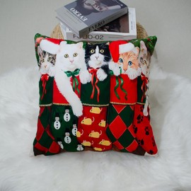 DILOXNSU Christmas Decorations Cat Cushion Covers 45 x 45 cm Christmas Hat kitty in Socks Velvet Square Double Sided Decorative Pillows Cover for Sofa Bed Home Cushions Covers 18 x 18 inch