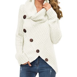 GRECERELLE Women's Winter Jumpers Knit Warm Turtle Neck Wrap Asymmetric Hem Jumper Sweater Tops with Button for Ladies (White, L)