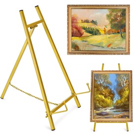 WRINGKIT WRINGKIT Gold Metal Easel Stand, 16" Large Picture Art Stand, Tripod Mirror Plate Stand Holder, Freestanding Tabletop Easel Stand for Wedding Sign, Display Photo, Collectibles