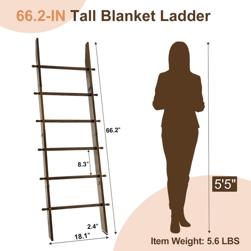 TEAKMAMA 6-Tier Blanket Ladder with Hanging Knobs,5.5 Ft Wall Leaning