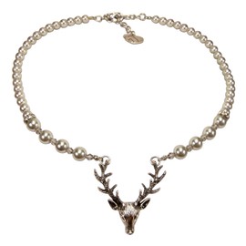 Alpenflüstern DHK203 Pearl Costume Necklace Deer Women's Costume Jewellery with Stag Antlers, Elegant Dirndl Necklace in Black and Cream White, Zinc