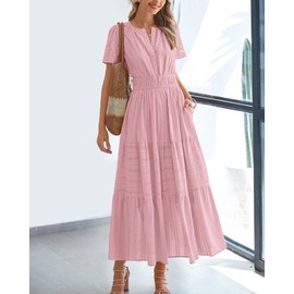 BTFBM Womens Summer 2025 Casual Midi Maxi Dresses Lightweight Short Sleeve V Neck Elastic Waist Boho Beach Dress Pockets(Bean Paste Pink, X-Large)