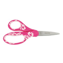 Fiskars Children's Scissors, from 8 Years, Length 18 cm, for Right and Left-Handed Users, Stainless Steel Blade/Plastic Handles, Pink (in Floral Pattern), 1027421