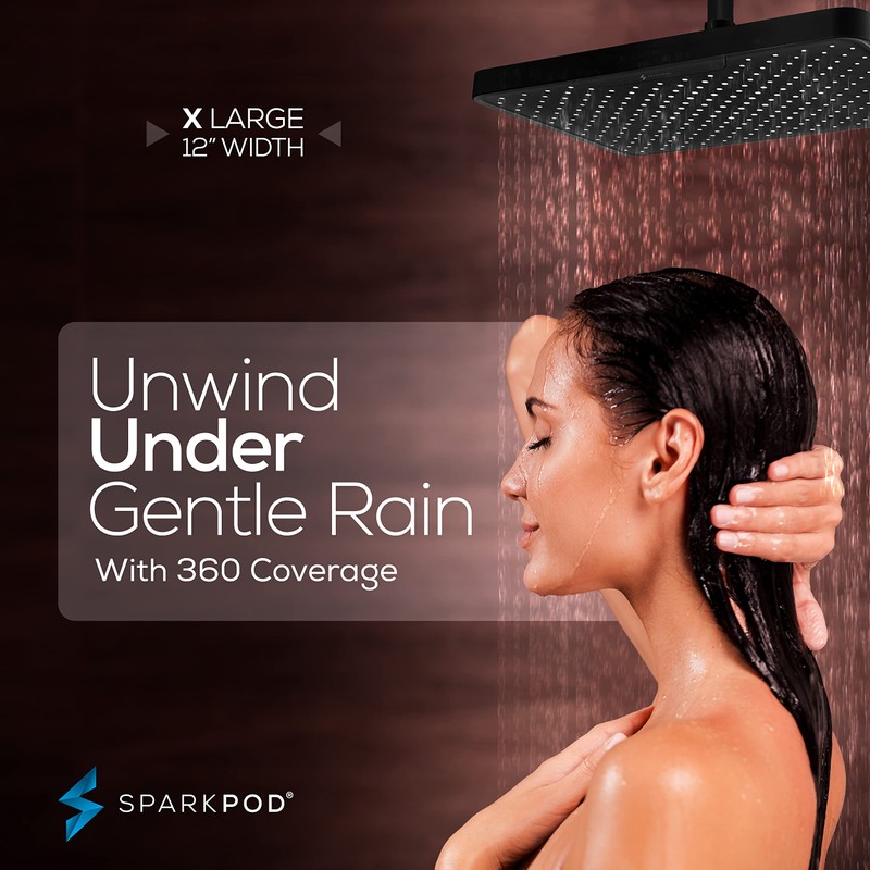 SparkPod 12 Inch Black Rain Shower Head - Ceiling or