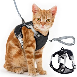 Cat Chest Harness, Adjustable Cat Harness, Escape Proof Cat Lead Set, Adjustable Soft Kitten Vest, Cat Chest Harness with Reflective Stripes & Breathable Mesh (Grey, M)