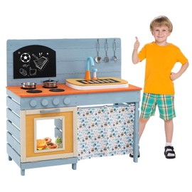 Costzon Mud Kitchen, Wooden Toy Playset w/Stoves, Sink, Faucet, Grill Rack, Chalkboard, Rotatable Knobs, Flowerpots, Shelves & Cabinets, Outdoor Mud Kitchen for Kids Aged 3-8