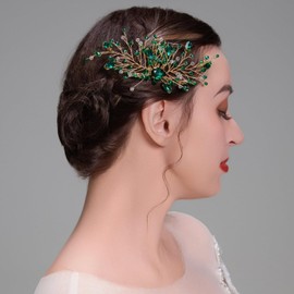 Ling & Bai Wedding Hair Comb, Bridal Emerald Green Crystal Side Headpieces Gold Rhinestone Hair Accessories for Women Bridesmaid Girls (Green)