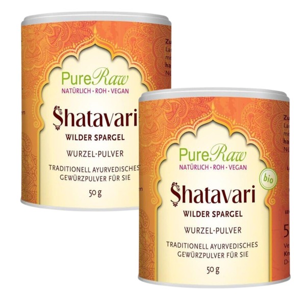 Shatavari Powder Organic (Vegan Ayurvedic Raw Food) Asparagus Racemosus - Ayurveda Root Powder without Additives - Bottled & Controlled in Germany - Indian Asparagus | PureRaw Pack of 2 (2 x 50 g)