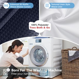 Luxury 3 in 1 Shower Curtain Set 3D Textured Waffle Weave Bathroom Curtain with Waterproof SGS Certified Fabric Liner & 12 Anti-Fall Stainless Steel Hooks, Machine Washable 72"x72" (Navy Blue)