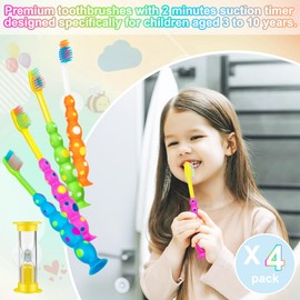 PRASBURR Kids Toothbrush, Toddler Toothbrush Age 2-4 and Older, with Suction Timer, Children Sized Brush Heads (3-10 Year Old), Flossing Bristles, Pack of 4