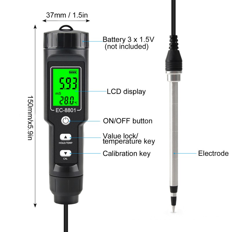 Soil EC Temperature Tester with Backlight Portable Conductivity Meter Hydroponics