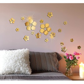Philbinden Acrylic Mirror Floral Wall Stickers Self Adhesive Mirror Wall Decor Removable Mirror Decor 3D Flower DIY Wall Sticker for Living Room Bedroom Bathroom (Gold)