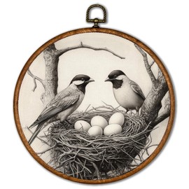 KSDUT Retro Bird Wall Art Decor - Neutral Mid Century Modern Wall Art Canvas Frame Hanging Prints, Vintage Landscape Round Wall Art Decor for Home Farmhouse Decorations 10"x10"