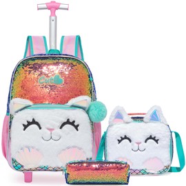 Egchescebo Kids Rolling Cats Backpack for Girls Plush Trolley Suitcases Luggage Travel with Wheels Bookbag Wheeled 17" Roller Backpacks Set Toddler Back Pack School Bags for Elementary Champagne