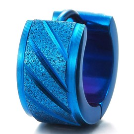 Pair Unisex Blue Stainless Steel Grooved Huggie Hinged Hoop Earrings for Men Women, Satin Finishing(CA)