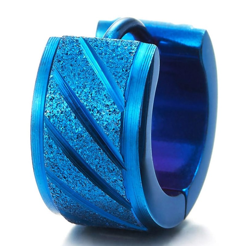 Pair Unisex Blue Stainless Steel Grooved Huggie Hinged Hoop Earrings