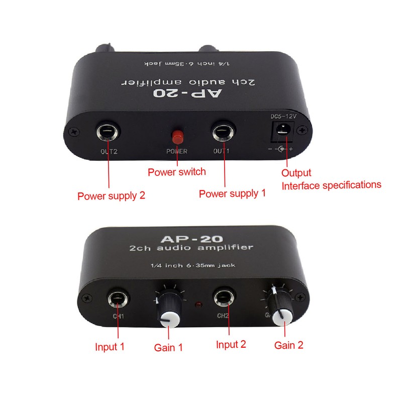 2CH Sound Amp Preamplifier Balanced Input 1/4in 6.5mm Gain Independent