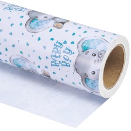 WRAPAHOLIC Jumbo Baby Boy Wrapping Paper - 30 Inch x 100 Feet Jumbo Roll - Adorable Blue Elephant Design for Baby Shower, Party, Holiday