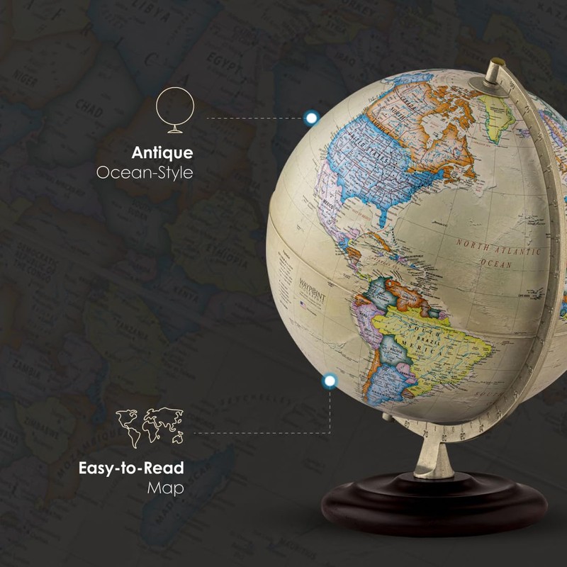 Waypoint Geographic Ambassador Plus Globe, 12" Antique Ocean-Style World Globe,