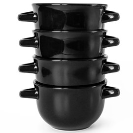 Soup Bowls, French Onion Soup Bowls, by Kook, Soup Crocks, Oven Safe Bowls, Soup Mugs, Ceramic Bowls, Dishwasher, Microwave, Set of 4, 18 oz (Black)