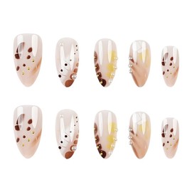Cute Almond Press on Nails Short Gradient Fake Nails Crocodile Pattern False Nails with Rhinestones Designs Glossy Acrylic Artificial Nails Reusable Glue on Nails DIY Art for Women Girls 24Pcs