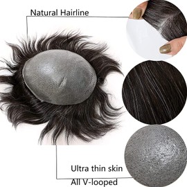 Lishy Men’s Toupee Soft Thin Skin 0.06mm PU 10x8inch Hair Replacement Systems for Men's Hairpiece 100% European Human Hair Pieces for Man 1B Black Color Mixed 80% Grey Hair