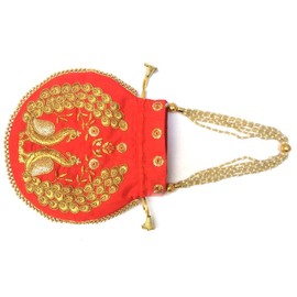 Potli Bag for Women - Traditional Indian Ethnic Embroidered Drawstring Purse Luxury Design Clutch with Bridal Pearl Handles Intricate Details Weddings Handbag H*L(cm):- 23 * 24 Red)