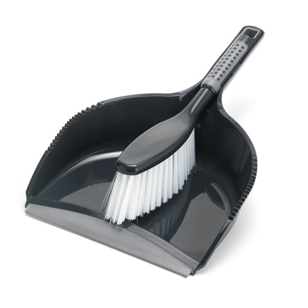 Addis ComfiGrip Dustpan and Brush with Rubber Lip and Dirt-trapping Bristles, Metallic Graphite, 11 x 23 x 35 cm
