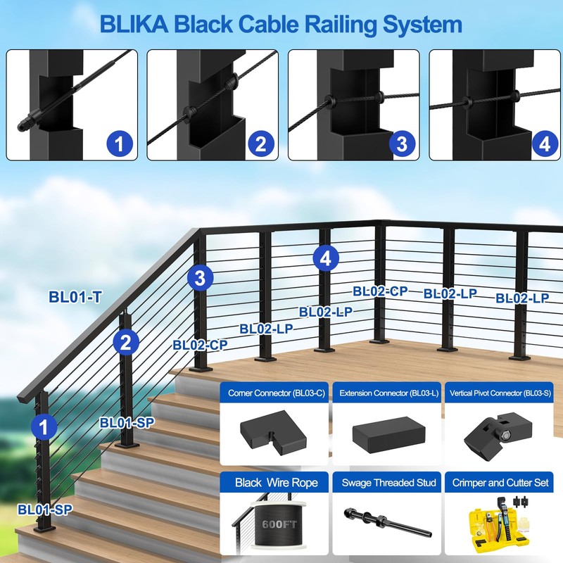 BLIKA 4 Pack Extension Connectors with Screws, Black Flat Handrail