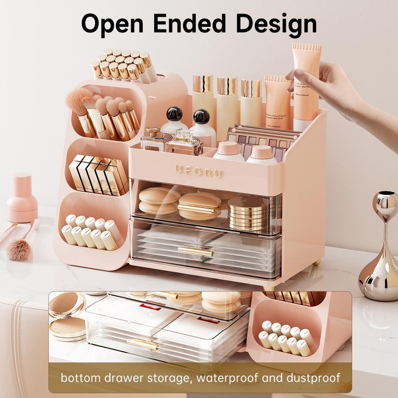 UFORU Makeup Organizer for Vanity with Brush Holder, Large Plastic
