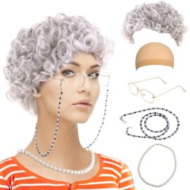 Feacole Old Lady Costume Set-Grandmother Wig,Wig Caps, Madea Granny Glasses, Eyeglass Retainer Chain,Pearl Necklace(5 Pieces)