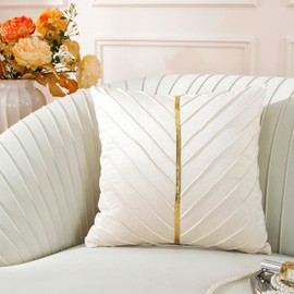 TAOSON Beige Velvet Throw Pillow Covers,Pack of 2 with Gold Leather Valentines Day Decor Couch Pillowcases Luxury Modern Pillow Cover for Wedding Living Room Bedroom Sofa Cushion Bed, 18x18 inch