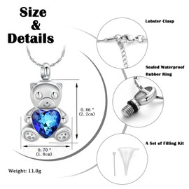 constantlife Teddy Bear Cremation Jewelry Ashes Heart Urn Necklace for Men Women Stainless Steel Memorial Ash Holder Funeral Keepsake Pendant (Blue)