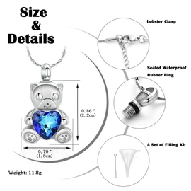 constantlife Teddy Bear Cremation Jewelry Ashes Heart Urn Necklace for Men Women Stainless Steel Memorial Ash Holder Funeral Keepsake Pendant (Blue)
