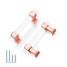 NIZADO 5 Pack 5'' Crystal Drawer Handles,Crystal Cabinet Handles, Rose Gold Cabinet Pulls Square, Clear Acrylic Kitchen Cabinet Handles Modern Dresser Drawer Pull Knobs, Hole Centers: 5”(128mm)