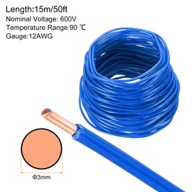 sourcing map 50 Feet Electrical Wire Insulated Solid Copper 12 AWG Hook Up Wire Cable THHN Wire Residential, Industrial, Grounding, Electrical Rated for 600 Volts, UL listed, Blue