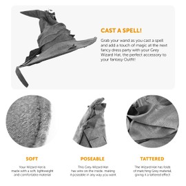 Grey Wizard Hat Fancy Dress Accessories - Witches' Hat Fantasy Accessories - Perfect For Wizard/Witch Dress Up, Parties and Other Fancy Dress Events - Pack of 1