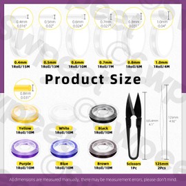 Swpeet Pack of 15 6 Rolls 0.4 mm 0.5 mm 0.6 mm 0.7 mm 0.8 mm 1 mm Colourful Elastic Stretch Thread and 125 mm Beads Needles with U Scissors Assortment Kit, Stretch Cord Thread for Jewellery