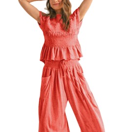 Antnation Womens 2 Piece Smocked Top Wide-Leg Pants Set High-Waisted Lounge Outfit with Pockets Casual Boho Matching Set(Orange-S)
